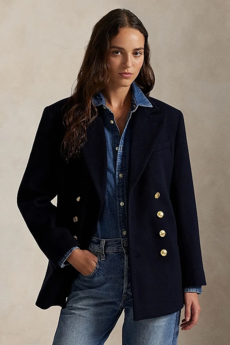 Polo Ralph Lauren geacă de lână culoarea bleumarin, cu două rânduri de nasturi, uni, 211971388