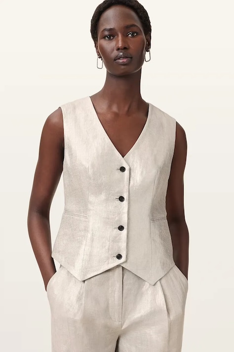 AllSaints vestă de in AVERIE culoarea argintiu, un singur rând de nasturi, W068QC