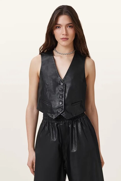 AllSaints vestă de piele ARLA culoarea negru, un singur rând de nasturi, W124PC
