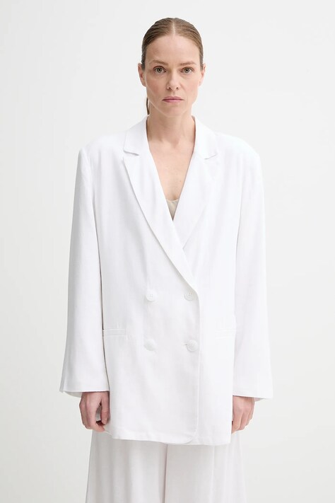 Gestuz blazer din amestec de in culoarea alb, cu doua randuri de nasturi, uni, 10910285