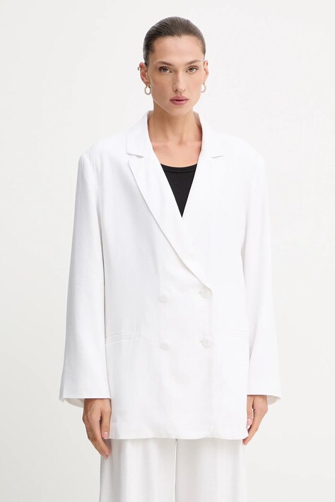 Gestuz blazer din amestec de in culoarea alb, cu doua randuri de nasturi, uni, 10910285