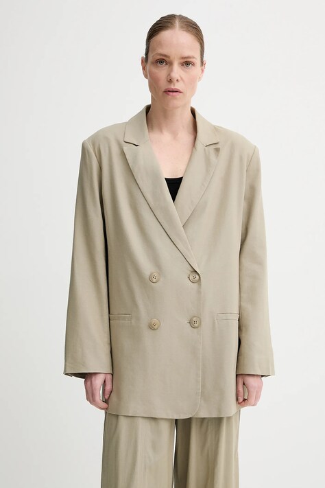 Gestuz blazer din amestec de in culoarea verde, cu doua randuri de nasturi, uni, 10910285