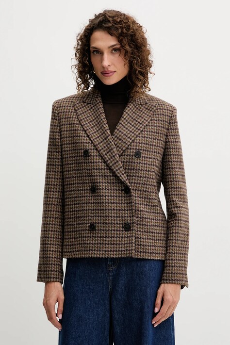 Weekend Max Mara marynarka z dodatkiem wełny GERUSIA kolor brązowy dwurzędowa wzorzysta 2525046032600
