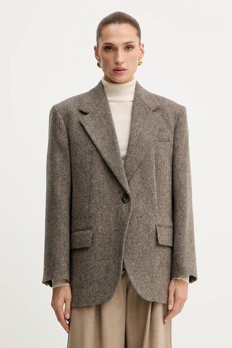 Weekend Max Mara marynarka wełniana TRONTO kolor brązowy jednorzędowa melanżowa 2525046042600