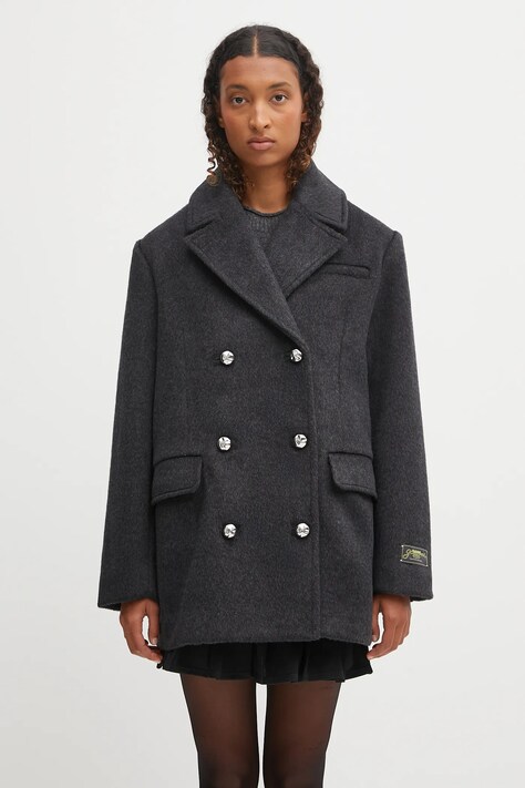 Kabát s prímesou vlny GANNI Double Faced Wool Doublebreasted Blazer šedá farba, W0567