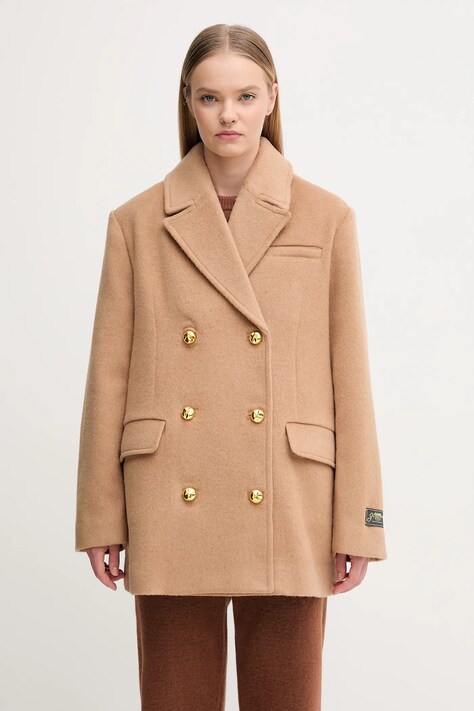GANNI płaszcz z dodatkiem wełny Double Faced Wool Doublebreatsed Blazer kolor brązowy W0876