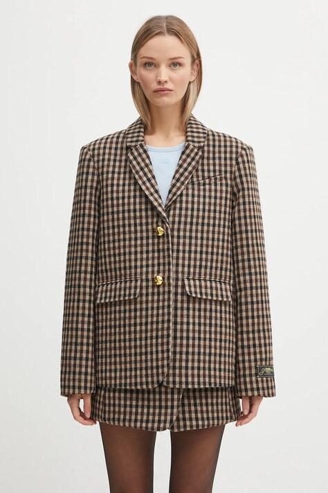 Пиджак с примесью шерсти GANNI Check Wool Mix Oversized Blazer цвет коричневый однобортный узор W0426