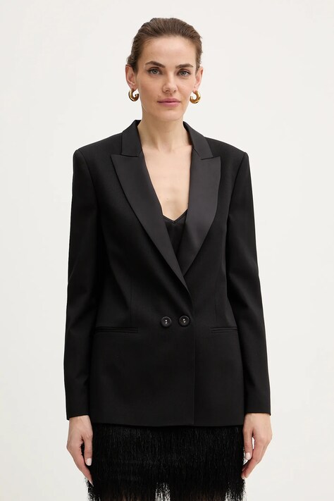 Twinset marynarka z dodatkiem wełny kolor czarny dwurzędowa gładka 252TT2121