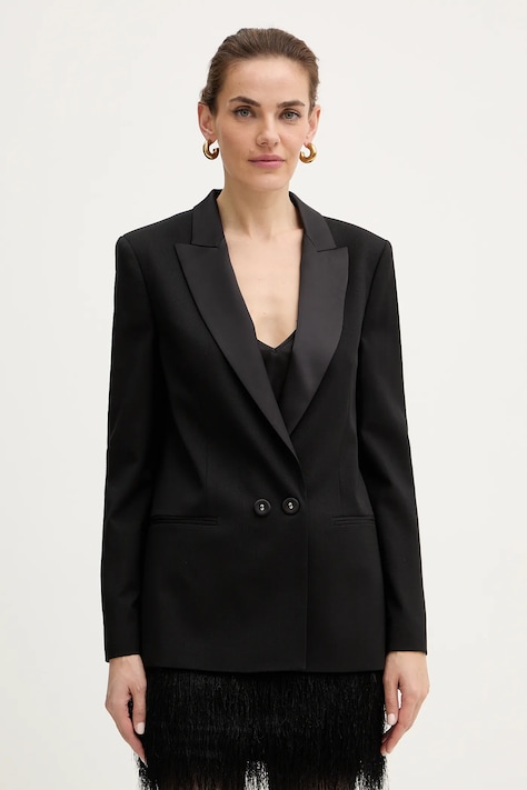 Bunda s prímesou vlny Twinset čierna farba, dvojradová, jednofarebná, 252TT2121