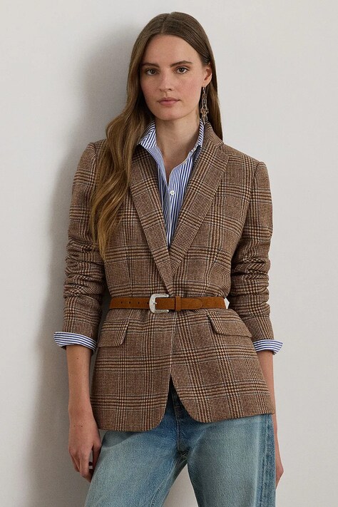 Lauren Ralph Lauren marynarka kolor brązowy jednorzędowa gładka 200979814