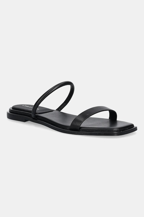 Kožené šľapky Calvin Klein FLAT SANDAL SQUARED 2-BAR LTH čierna farba, HW0HW02532
