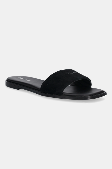 Παντόφλες σουέτ Calvin Klein FLAT SANDAL SQUARED HF SUE γυναικείες, χρώμα: μαύρο, HW0HW02557