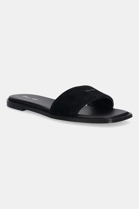 Semišové šľapky Calvin Klein FLAT SANDAL SQUARED HF SUE čierna farba, HW0HW02557