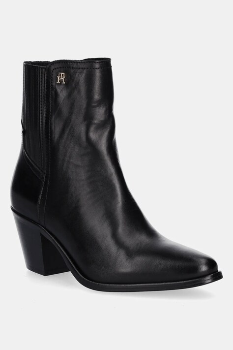 Tommy Hilfiger bőr bokacsizma WESTERN MID HEEL LEATHER CHELSEA fekete, magassarkú, FW0FW08890