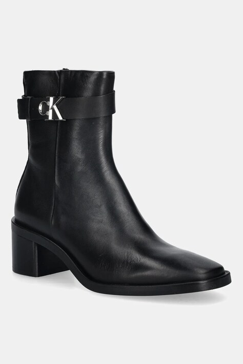 Кожаные полусапожки Calvin Klein BLOCK HEEL BOOT W/ METAL LOGO цвет чёрный каблук кирпичик HW0HW02591