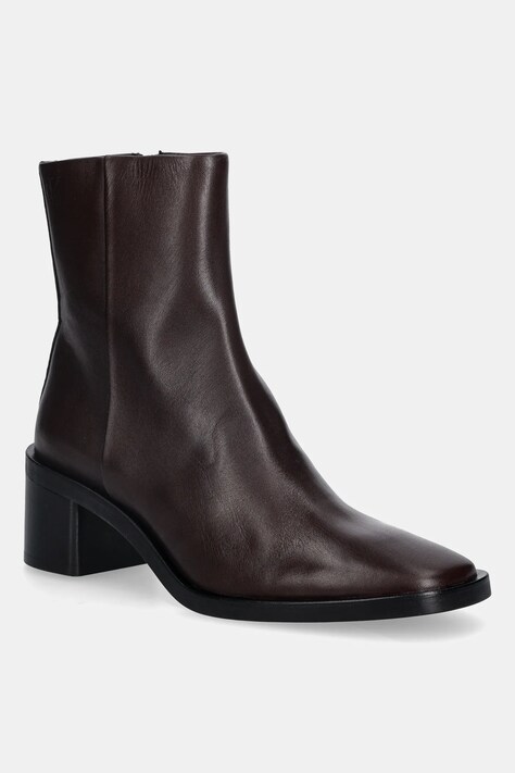 Δερμάτινες μπότες Calvin Klein BLOCK HEEL ZIP BOOT LTH γυναικείες, χρώμα: καφέ, HW0HW02593