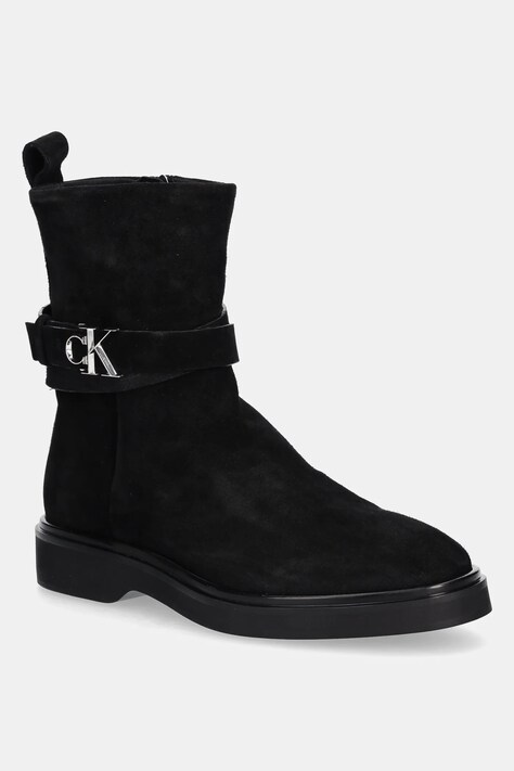 Semišové boty Calvin Klein ANKLE BOOT W/ METAL LOGO SUE dámské, černá barva, na plochém podpatku, HW0HW02664