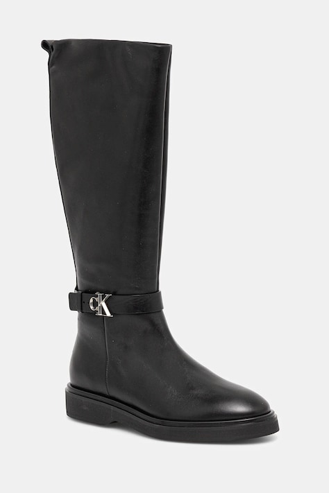 Шкіряні чоботи Calvin Klein KNEE BOOT W/ METAL LOGO колір чорний на плоскому підборі HW0HW02665