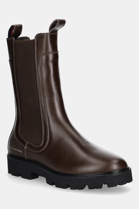 Δερμάτινες μπότες τσέλσι Tommy Hilfiger TH LTHR MID CHELSEA γυναικεία, χρώμα: καφέ, FW0FW08770