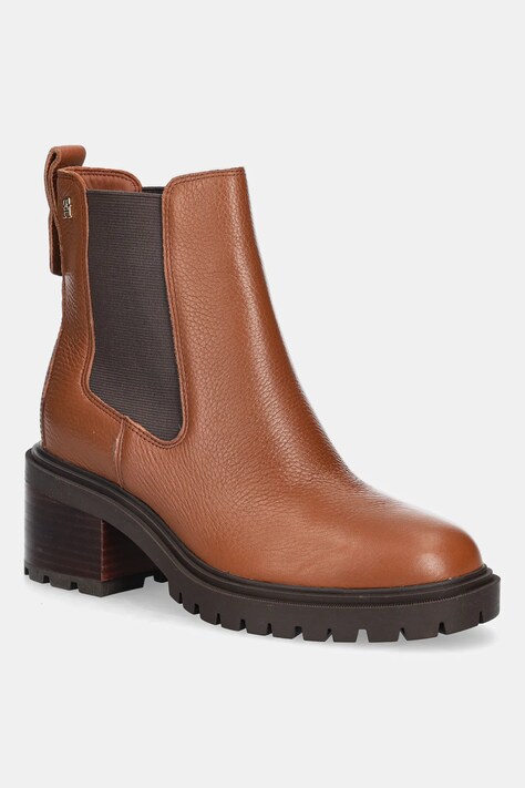 Tommy Hilfiger sztyblety skórzane TH LEATHER CHELSEA CLEATED HEEL damskie kolor brązowy na słupku FW0FW08774