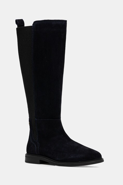 Tommy Hilfiger kozaki zamszowe FLAG SUEDE LONG BOOT damskie kolor granatowy na płaskim obcasie FW0FW08779