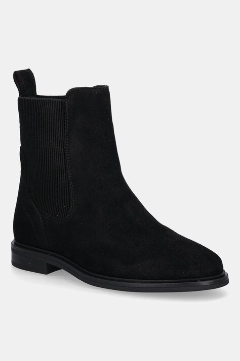 Semišové kotníkové boty Tommy Hilfiger FLAG SUEDE CHELSEA BOOT dámské, černá barva, na plochém podpatku, FW0FW08780