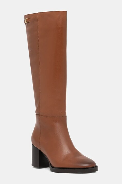 Tommy Hilfiger kozaki skórzane STACKED HEEL LEATHER LONG BOOT damskie kolor brązowy na słupku FW0FW08865