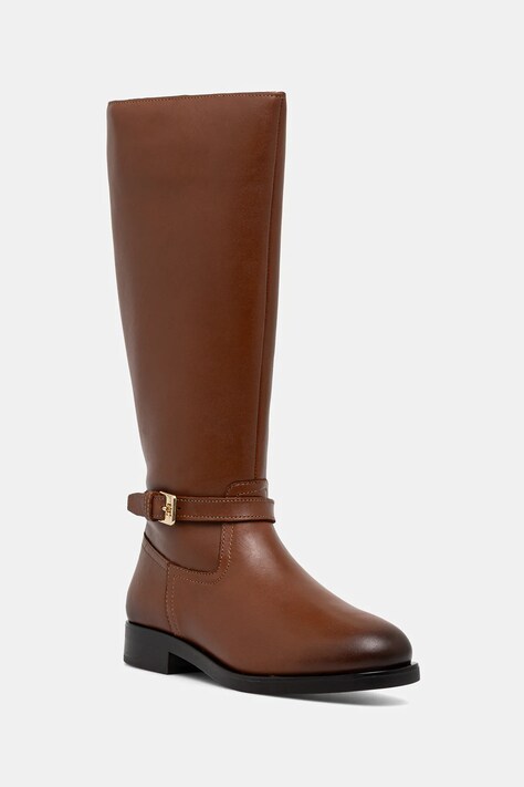 Tommy Hilfiger kozaki skórzane TH BUCKLE RIDING LTHR LONG BOOT damskie kolor brązowy na płaskim obcasie FW0FW08873
