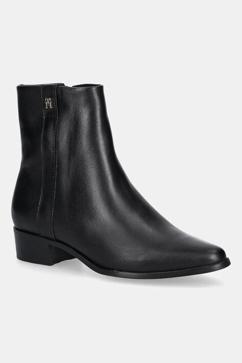 Δερμάτινες μπότες Tommy Hilfiger TH LEATHER POINTY ZIP BOOTIE γυναικεία, χρώμα: μαύρο, FW0FW08980