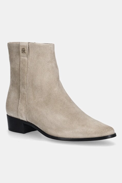 Tommy Hilfiger botki zamszowe TH SUEDE POINTY ZIP BOOTIE damskie kolor beżowy na słupku FW0FW08981