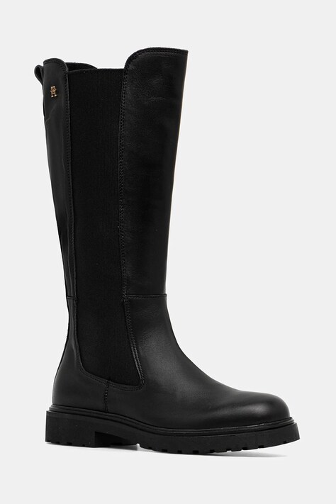 Tommy Hilfiger kozaki skórzane TH LTHR CLEATED LONG BOOT damskie kolor czarny na płaskim obcasie FW0FW08985
