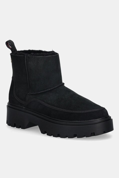 Tommy Hilfiger botki zamszowe REAL SHEARLING PULLON damskie kolor czarny na płaskim obcasie ocieplone FW0FW08997