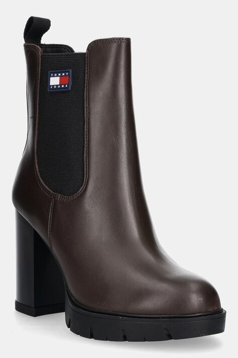 Tommy Jeans botki skórzane TJW LEATHER HEEL BOOT damskie kolor brązowy na słupku lekko ocieplone EN0EN02831
