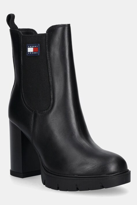 Tommy Jeans botki skórzane TJW LEATHER HEEL BOOT damskie kolor czarny na słupku lekko ocieplone EN0EN02831