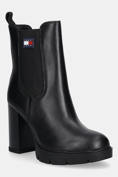 Kožené členkové topánky Tommy Jeans TJW LEATHER HEEL BOOT čierna farba, na podpätku, jemne zateplené, EN0EN02831