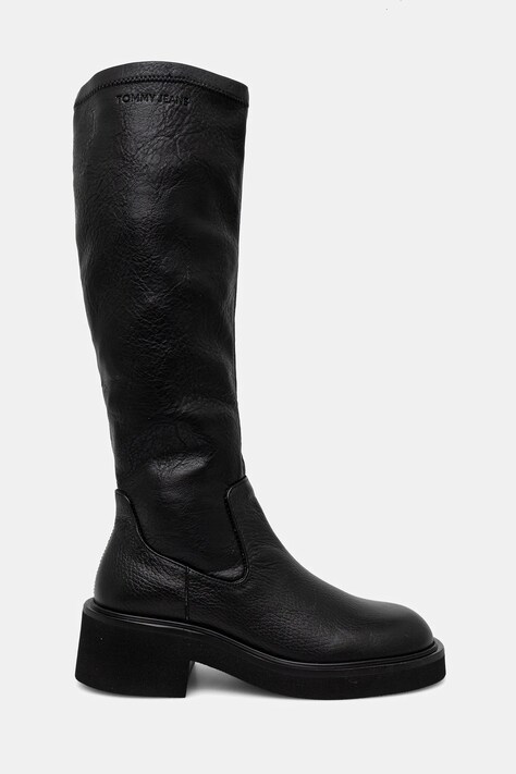 Kozačky Tommy Jeans TJW STRETCHY LONG BOOT dámské, černá barva, na podpatku, EN0EN02851
