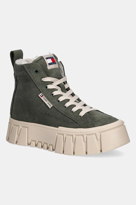 Замшевые кроссовки Tommy Jeans TJW VULC FLATFORM SUEDE WL цвет зелёный на платформе слегка утеплённый EN0EN02894