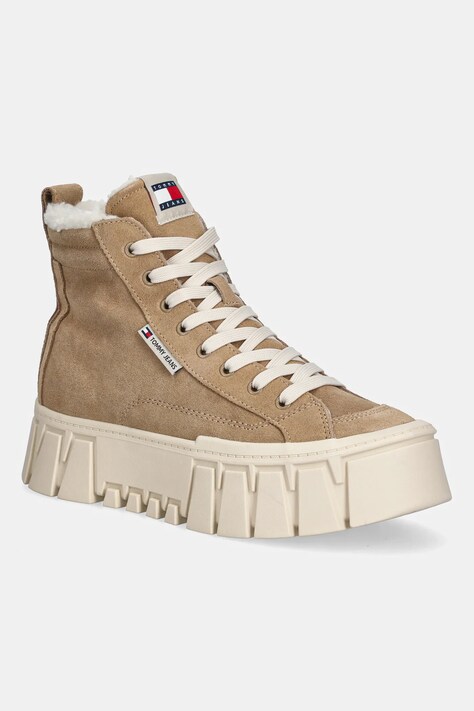 Semišové boty Tommy Jeans TJW VULC FLATFORM SUEDE WL dámské, hnědá barva, na platformě, lehce zateplené, EN0EN02894