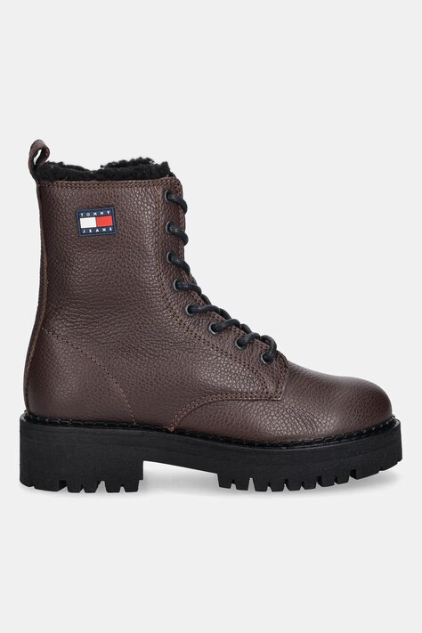 Tommy Jeans botki skórzane TJW URBAN LACEUP BOOT WL damskie kolor brązowy na platformie ocieplone EN0EN02906