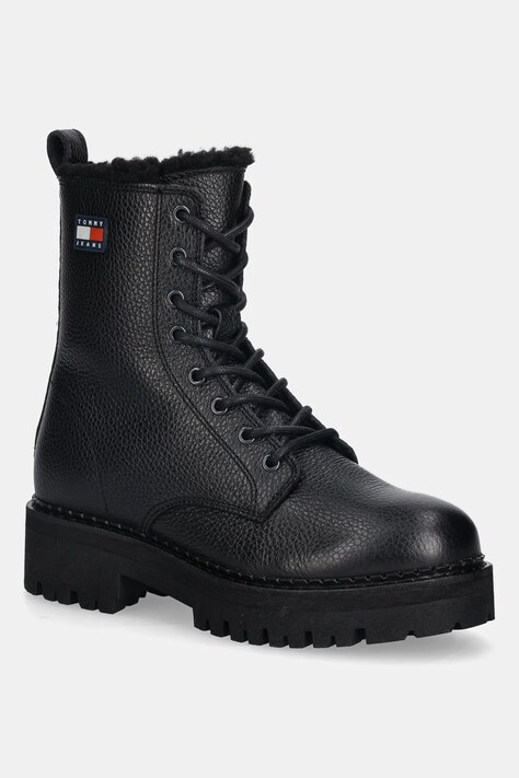 Δερμάτινες μπότες Tommy Jeans TJW URBAN LACEUP BOOT WL γυναικείες, χρώμα: μαύρο, EN0EN02906