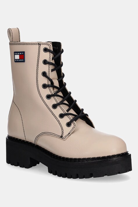 Tommy Jeans workery skórzane TJW URBAN LACE UP BOOT damskie kolor beżowy na płaskim obcasie EN0EN02907