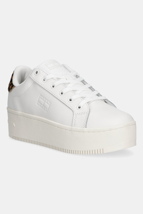 Kožené tenisky Tommy Jeans TJW FLATFORM LEOPARD SNEAKER biela farba, EN0EN02930