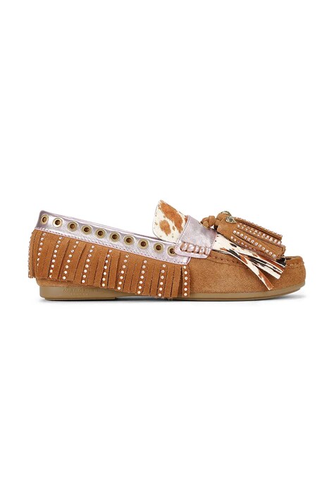 Kurt Geiger London mokasyny zamszowe Tassel Fringe Moccasin damskie kolor brązowy na płaskim obcasie 3494336219