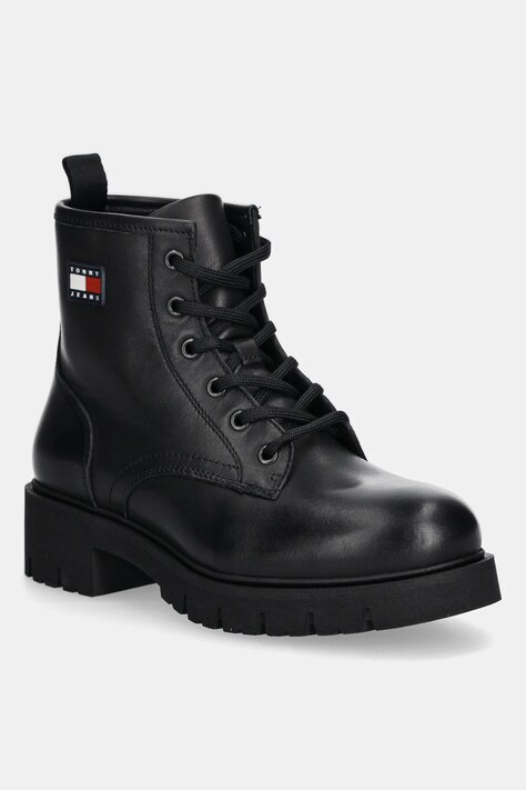 Tommy Jeans botki skórzane TJW LACE UP LEATHER BOOT damskie kolor czarny na płaskim obcasie EN0EN02824