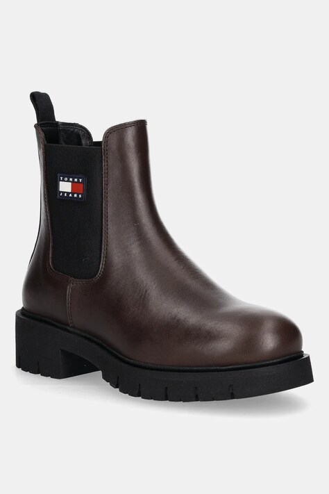 Tommy Jeans sztyblety TJW CHELSEA LEATHER BOOT damskie kolor brązowy na płaskim obcasie EN0EN02825