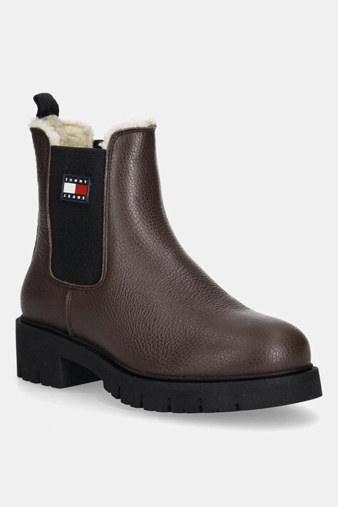 Tommy Jeans sztyblety skórzane TJW CHELSEA BOOT WL damskie kolor brązowy na platformie ocieplone EN0EN02826