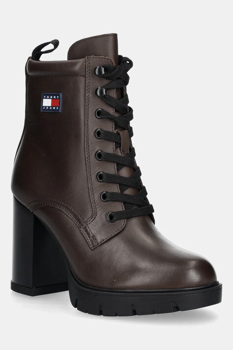 Tommy Jeans botki skórzane TJW HEEL LACE UP BOOT damskie kolor brązowy na słupku EN0EN02832