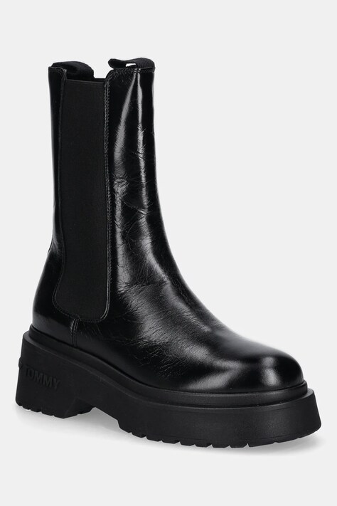 Tommy Jeans botki skórzane CHUNKY SHINY LEATHER CHELSEA damskie kolor czarny na płaskim obcasie EN0EN02888