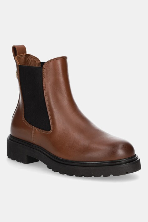 Tommy Hilfiger sztyblety skórzane LEATHER CLEATED CHELSEA damskie kolor brązowy na płaskim obcasie FW0FW08766