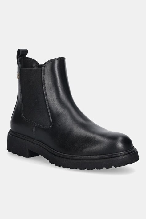 Tommy Hilfiger sztyblety skórzane LEATHER CLEATED CHELSEA damskie kolor czarny na płaskim obcasie FW0FW08766